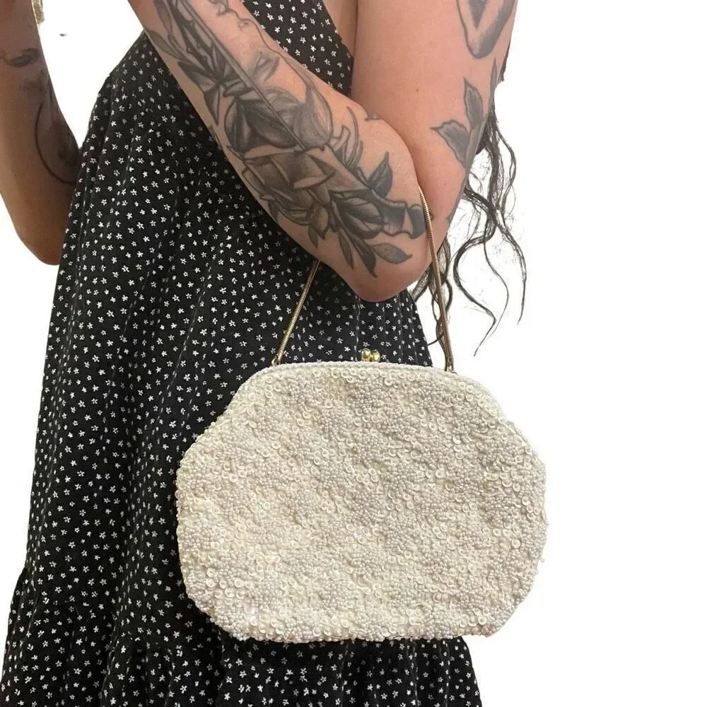 Antique Intricately Beaded Ivory Evening Clutch